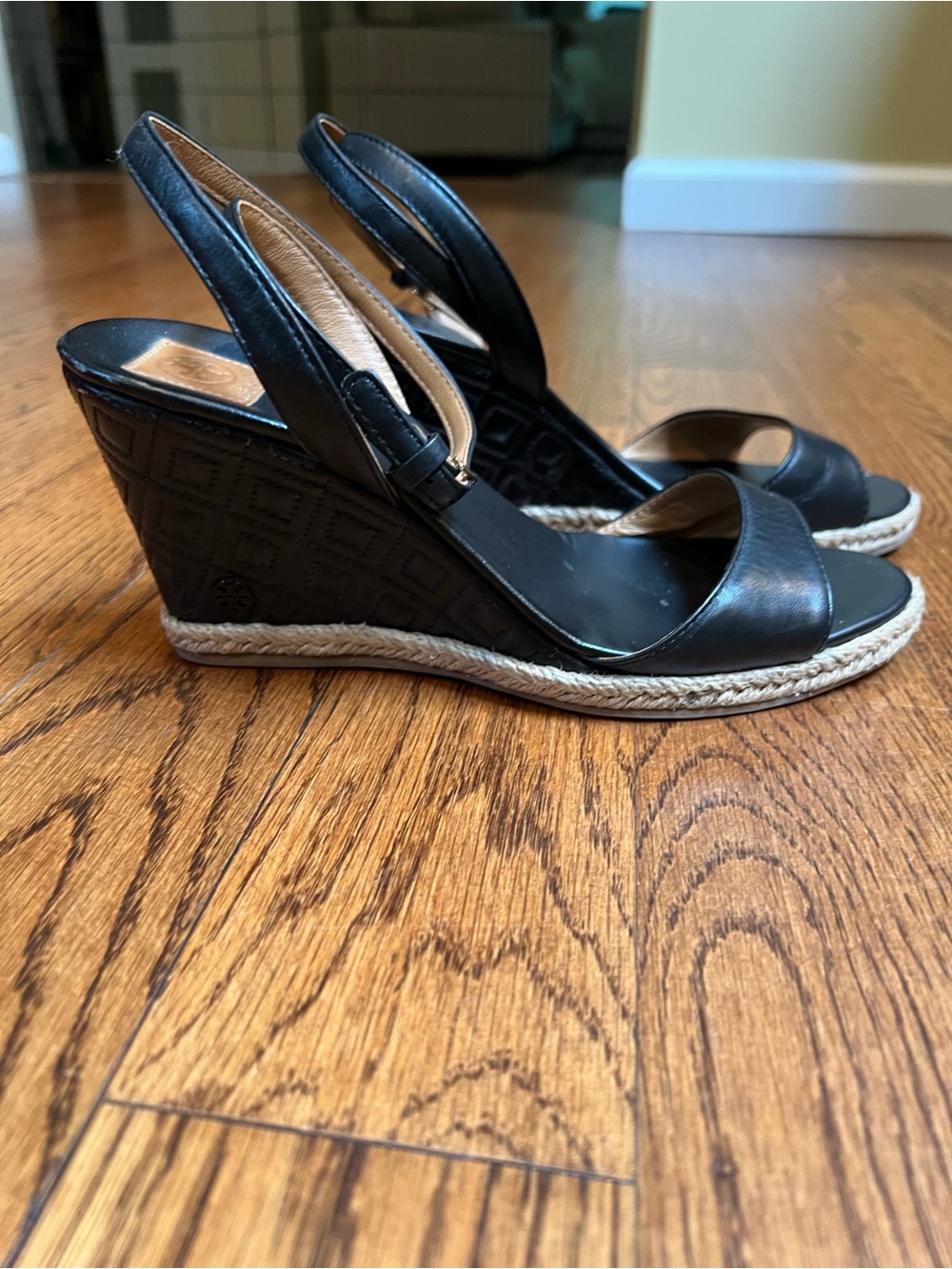 Tory Burch Black Leather Ankle-Strap Espadrille Sandals - Picture 3 of 6
